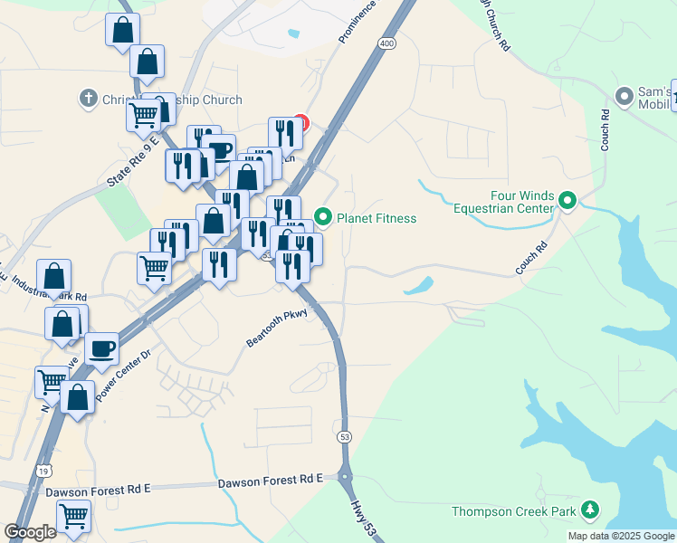 map of restaurants, bars, coffee shops, grocery stores, and more near 220 Old Dawson Village Road in Dawsonville
