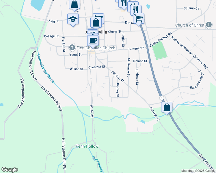 map of restaurants, bars, coffee shops, grocery stores, and more near 315 South Main Street in Adairsville
