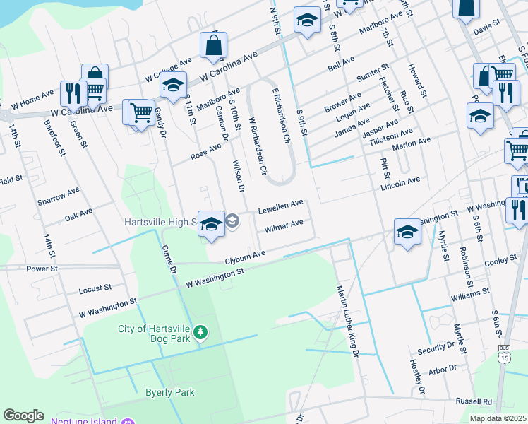 map of restaurants, bars, coffee shops, grocery stores, and more near 527 Lewellen Drive in Hartsville