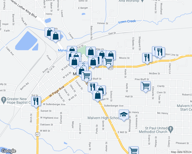 map of restaurants, bars, coffee shops, grocery stores, and more near 204 Pine Bluff Street in Malvern