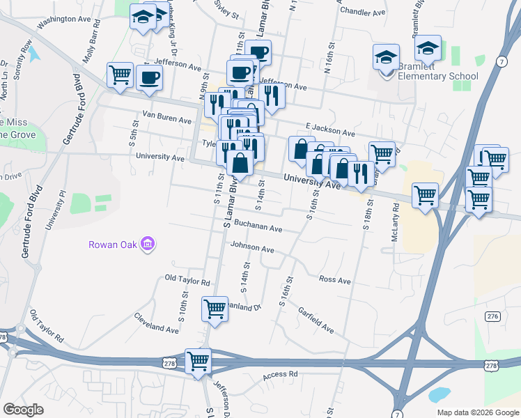 map of restaurants, bars, coffee shops, grocery stores, and more near 1411 Pierce Avenue in Oxford