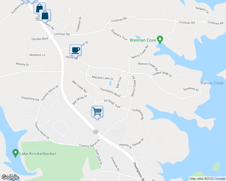 map of restaurants, bars, coffee shops, grocery stores, and more near 3565 Thompson Bend in Gainesville