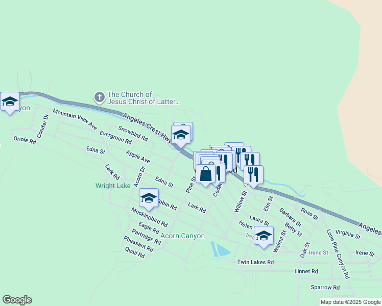 map of restaurants, bars, coffee shops, grocery stores, and more near 1202 California 2 in Wrightwood