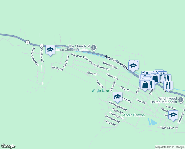 map of restaurants, bars, coffee shops, grocery stores, and more near 851 Edna Street in Wrightwood