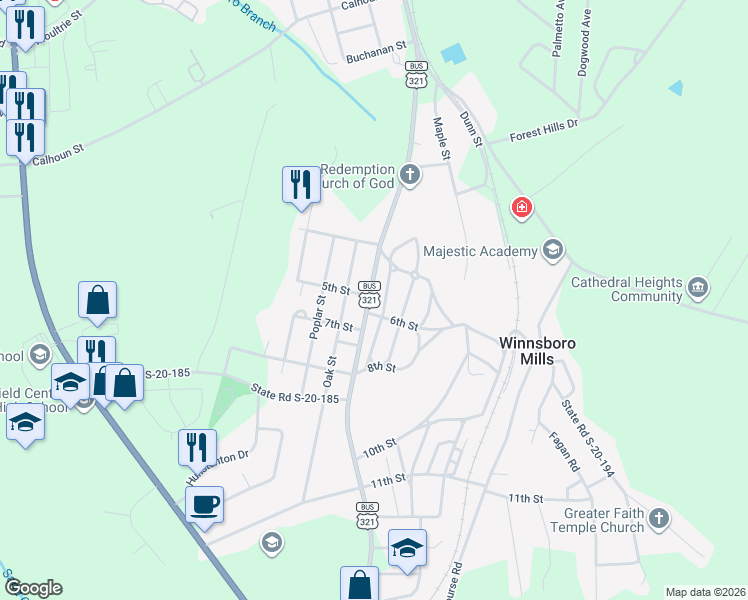 map of restaurants, bars, coffee shops, grocery stores, and more near in Winnsboro Mills