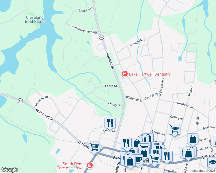 map of restaurants, bars, coffee shops, grocery stores, and more near 15 Crestwood Drive in Hartwell