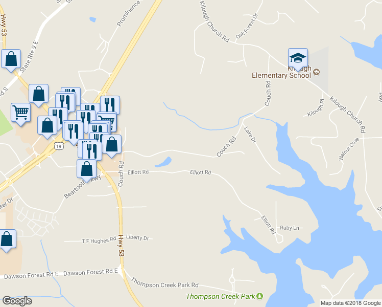 map of restaurants, bars, coffee shops, grocery stores, and more near 459 Couch Road in Dawsonville
