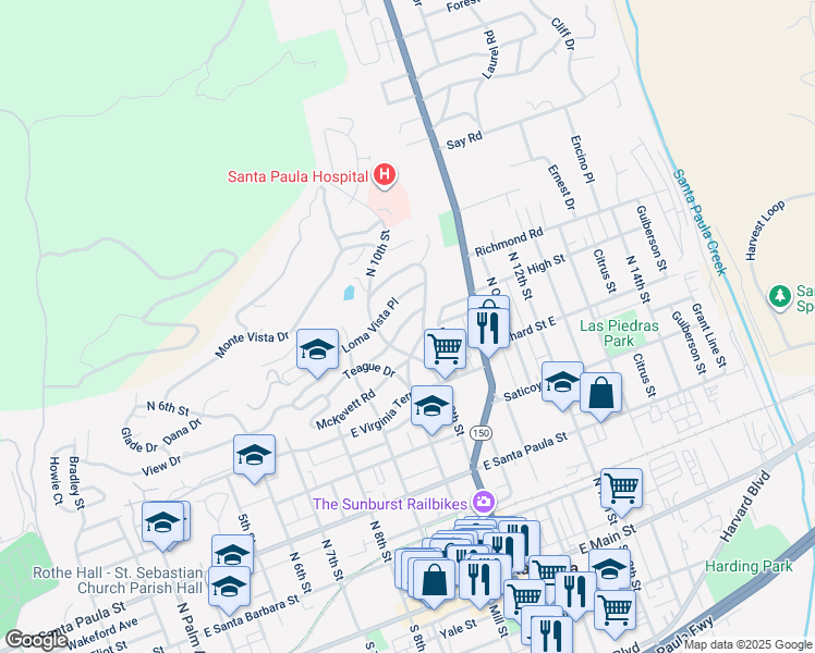 map of restaurants, bars, coffee shops, grocery stores, and more near 972 La Vuelta Place in Santa Paula
