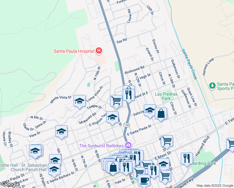 map of restaurants, bars, coffee shops, grocery stores, and more near 1024 Park Street in Santa Paula