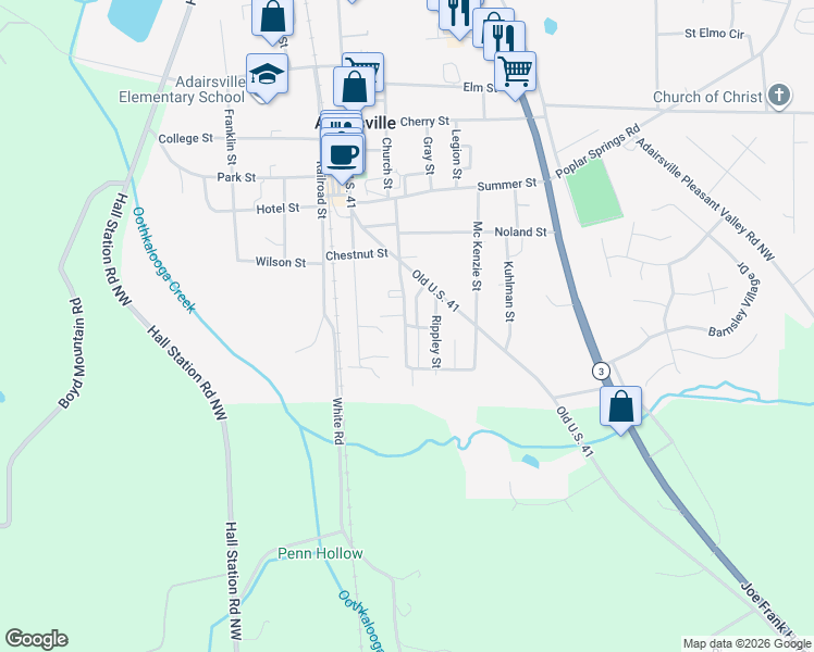 map of restaurants, bars, coffee shops, grocery stores, and more near 97 Bruce St in Adairsville