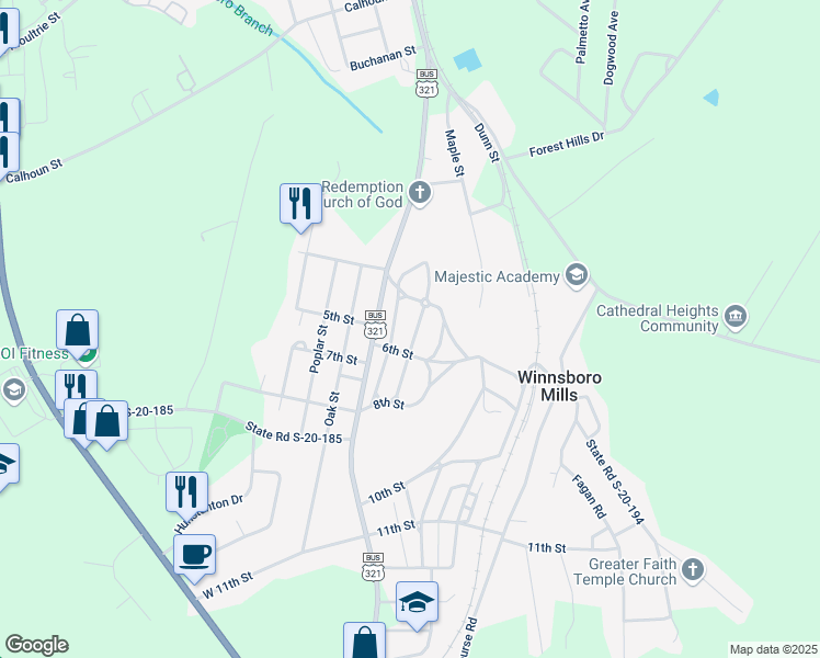 map of restaurants, bars, coffee shops, grocery stores, and more near 250 State Road S-20-192 in Winnsboro