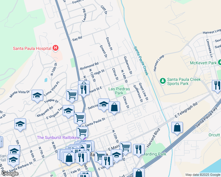 map of restaurants, bars, coffee shops, grocery stores, and more near in Santa Paula