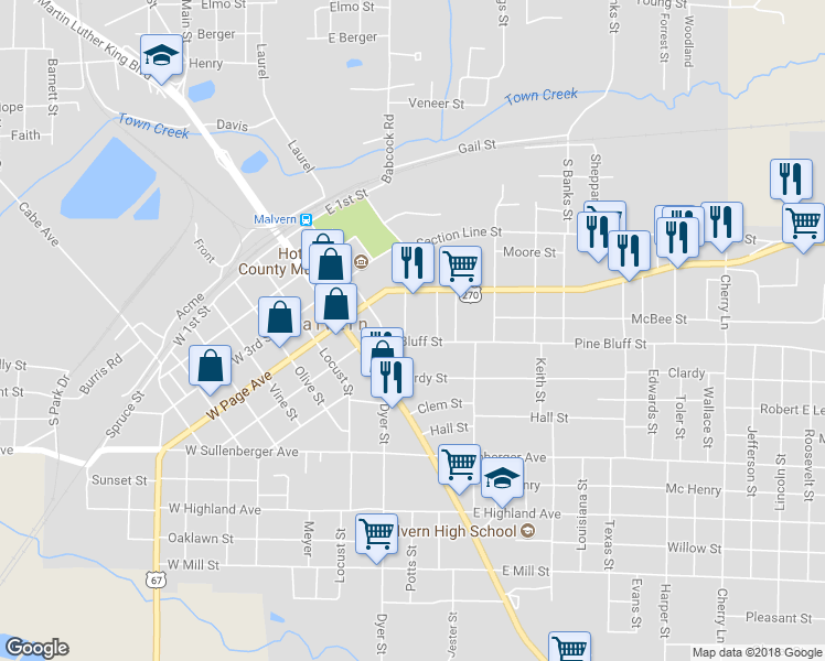 map of restaurants, bars, coffee shops, grocery stores, and more near 212 Pine Bluff Street in Malvern