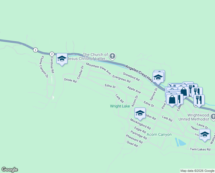 map of restaurants, bars, coffee shops, grocery stores, and more near 827 Edna Street in Wrightwood