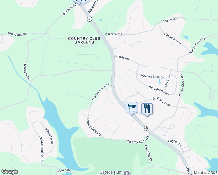 map of restaurants, bars, coffee shops, grocery stores, and more near 701 Chattahoochee Place in Gainesville