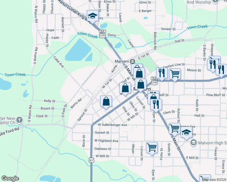 map of restaurants, bars, coffee shops, grocery stores, and more near 405 West 2nd Street in Malvern