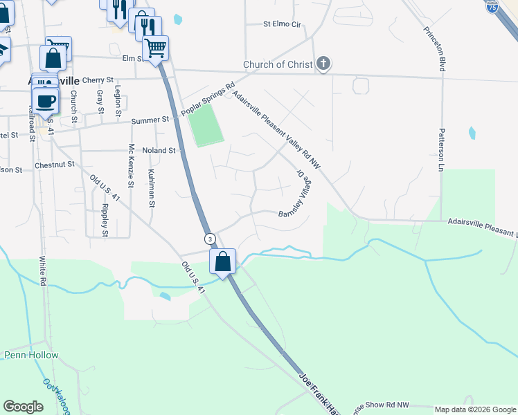 map of restaurants, bars, coffee shops, grocery stores, and more near 25 Barnsley Village Drive in Adairsville
