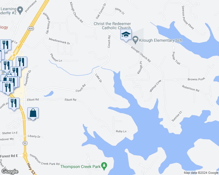 map of restaurants, bars, coffee shops, grocery stores, and more near 165 Lake Drive in Dawsonville