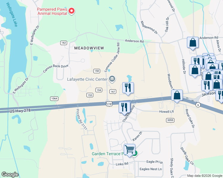 map of restaurants, bars, coffee shops, grocery stores, and more near County Road 167 in Oxford