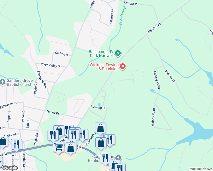 map of restaurants, bars, coffee shops, grocery stores, and more near 654 Old 29 Highway in Hartwell