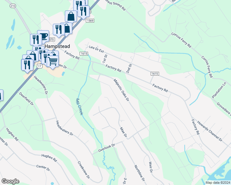 map of restaurants, bars, coffee shops, grocery stores, and more near 533 Dan Owen Drive in Hampstead