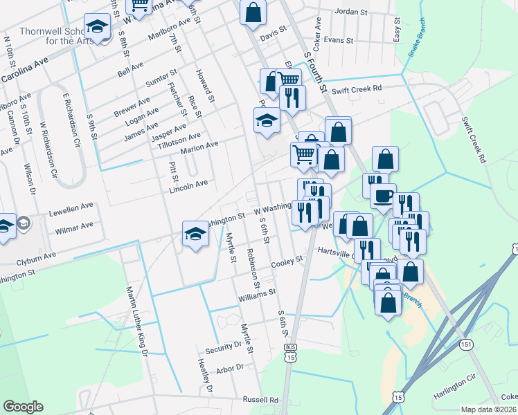 map of restaurants, bars, coffee shops, grocery stores, and more near 844 South 6th Street in Hartsville