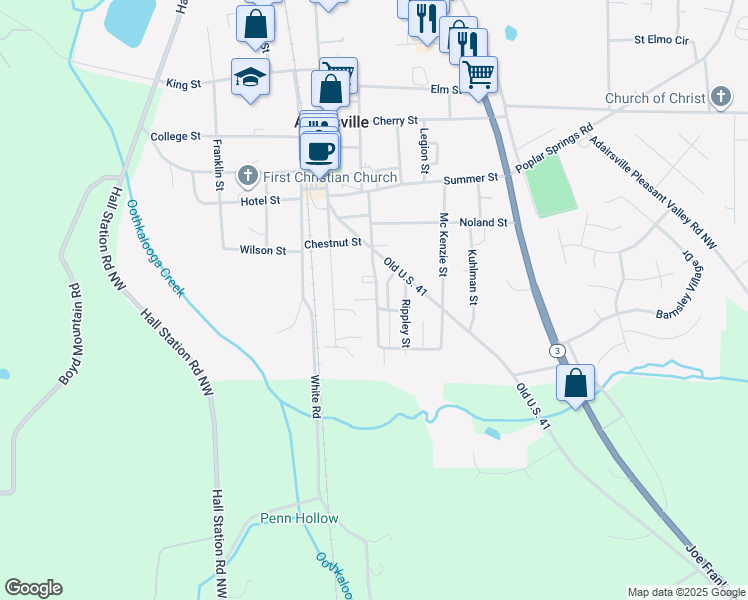 map of restaurants, bars, coffee shops, grocery stores, and more near 315 South Main Street in Adairsville