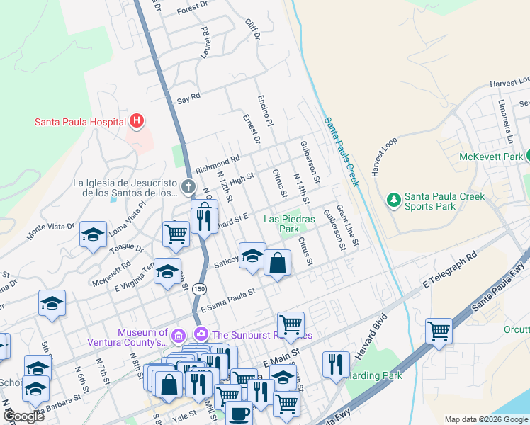 map of restaurants, bars, coffee shops, grocery stores, and more near 1244 Orchard Street East in Santa Paula