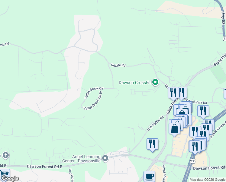 map of restaurants, bars, coffee shops, grocery stores, and more near 4 Valley Brook Circle in Dawsonville