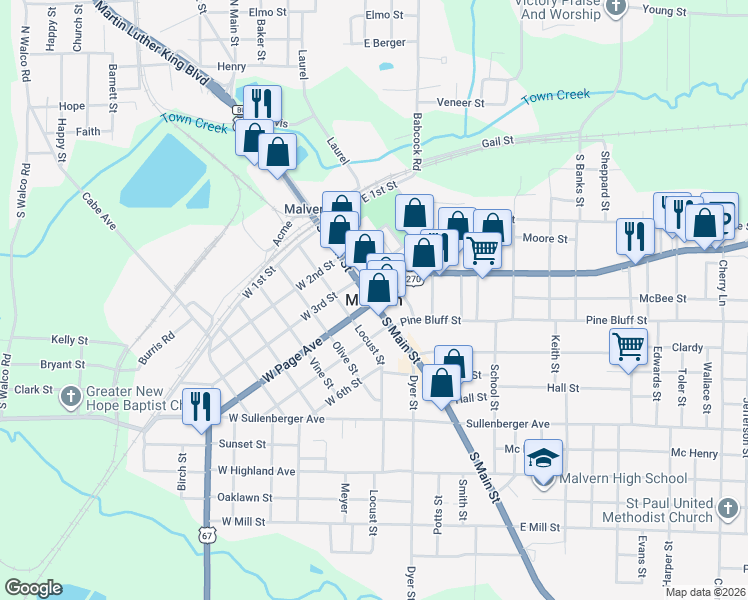 map of restaurants, bars, coffee shops, grocery stores, and more near in Malvern