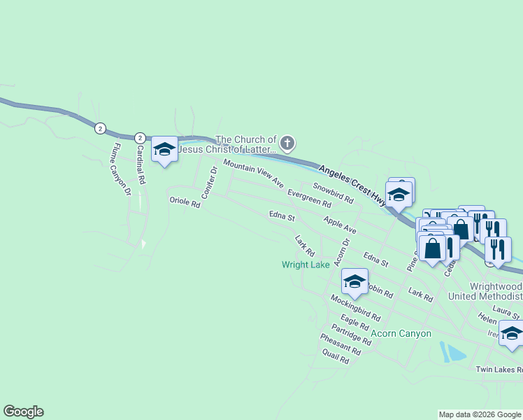 map of restaurants, bars, coffee shops, grocery stores, and more near 786 Lark Road in Wrightwood