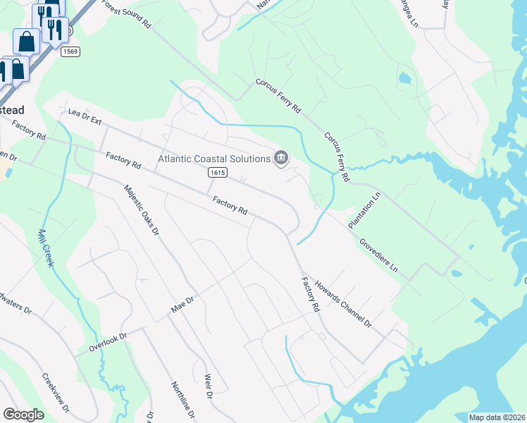 map of restaurants, bars, coffee shops, grocery stores, and more near 1096-1104 Factory Road in Hampstead