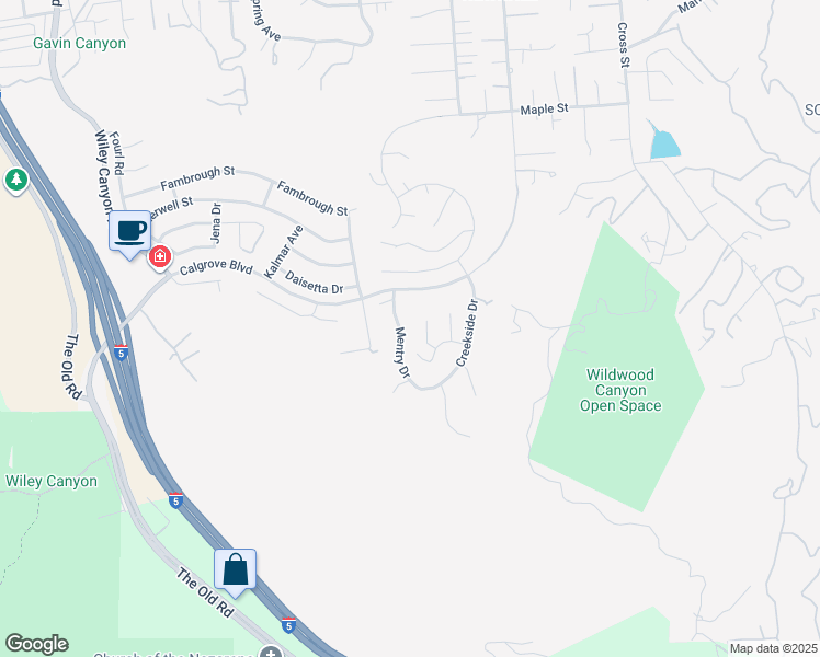map of restaurants, bars, coffee shops, grocery stores, and more near 24220 Mentry Drive in Santa Clarita