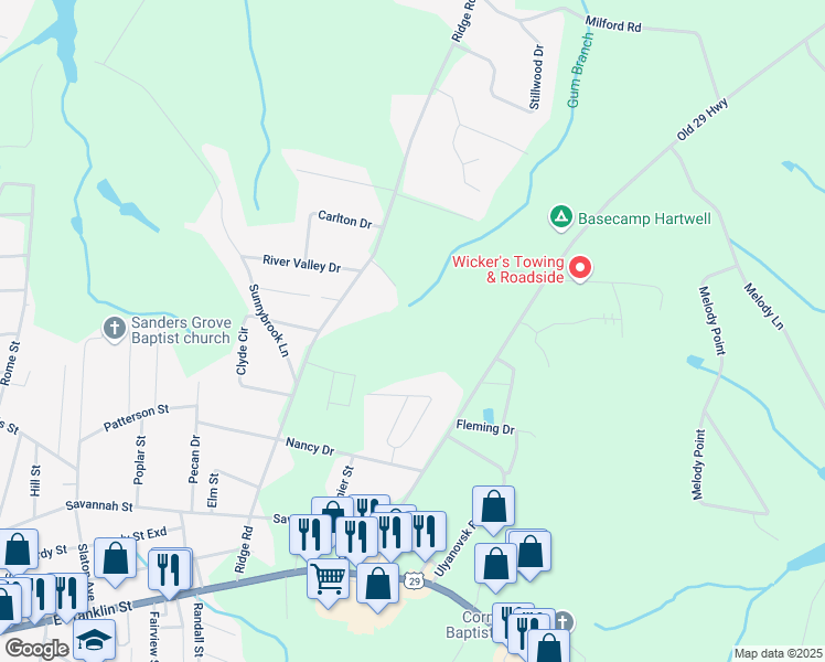 map of restaurants, bars, coffee shops, grocery stores, and more near 220 Wayne Circle in Hartwell