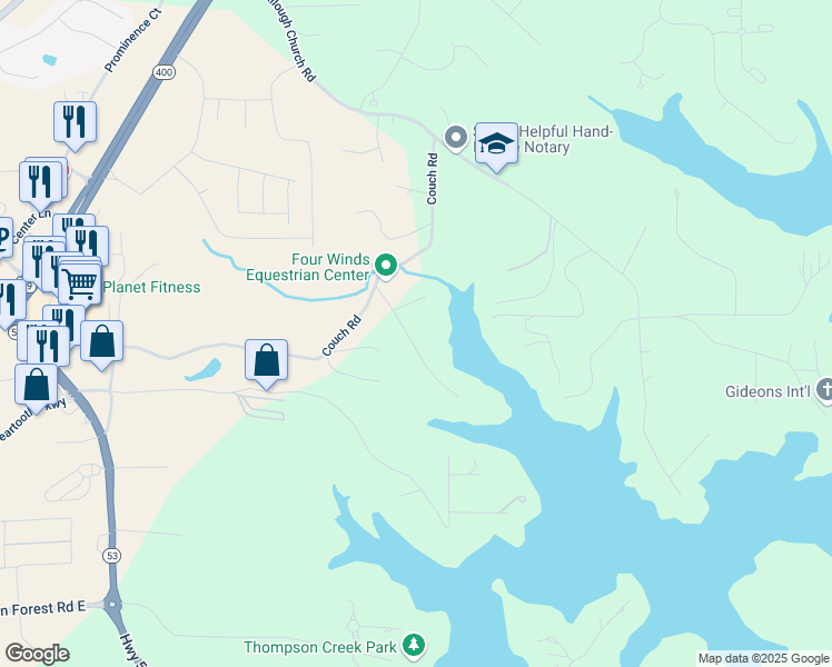 map of restaurants, bars, coffee shops, grocery stores, and more near 141 Lake Drive in Dawsonville