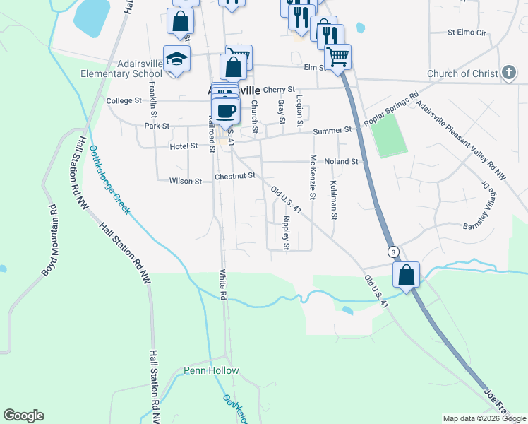 map of restaurants, bars, coffee shops, grocery stores, and more near 10 November Lane in Adairsville