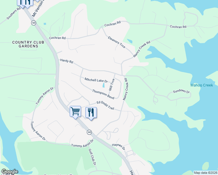 map of restaurants, bars, coffee shops, grocery stores, and more near 3642 Mill Trce in Gainesville