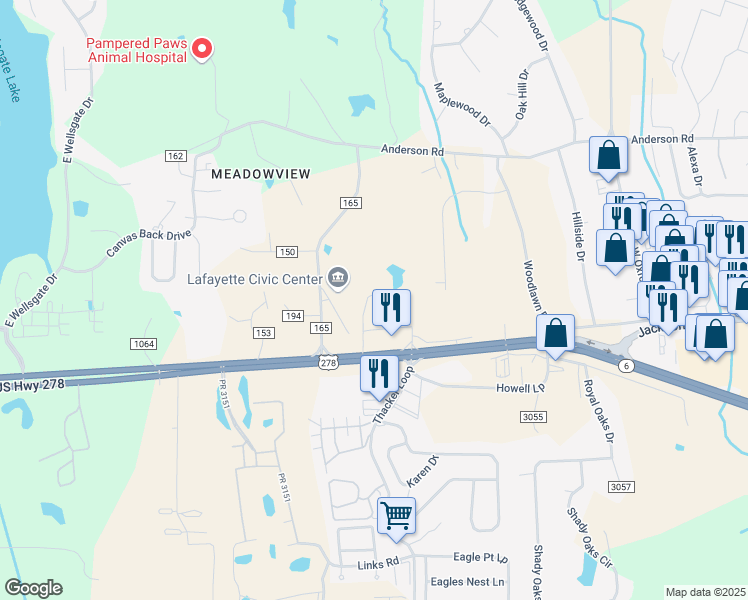map of restaurants, bars, coffee shops, grocery stores, and more near Thacker Heights Drive in Oxford