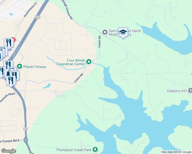 map of restaurants, bars, coffee shops, grocery stores, and more near 141 Lake Drive in Dawsonville