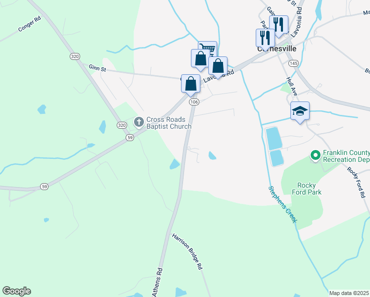 map of restaurants, bars, coffee shops, grocery stores, and more near 8570 Athens Road in Carnesville