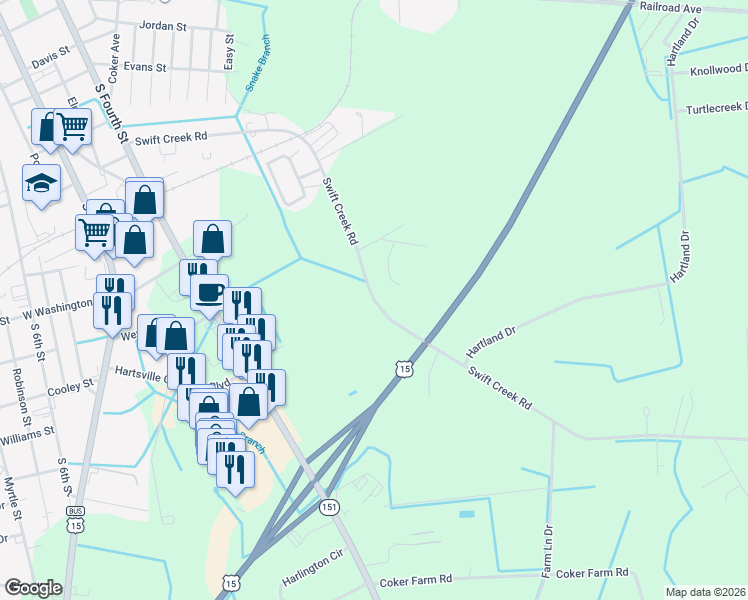 map of restaurants, bars, coffee shops, grocery stores, and more near 1033 Swift Creek Road in Hartsville