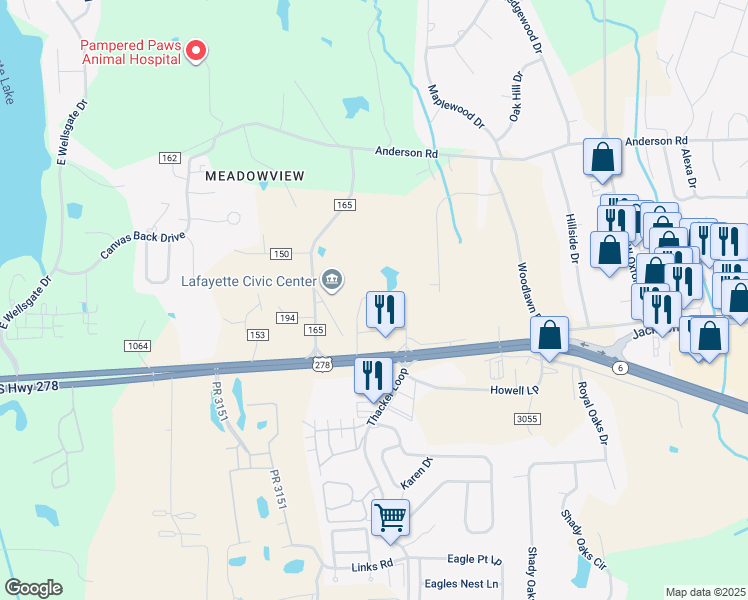 map of restaurants, bars, coffee shops, grocery stores, and more near Thacker Heights Drive in Oxford