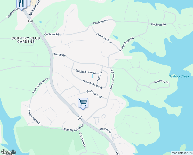 map of restaurants, bars, coffee shops, grocery stores, and more near 3642 Mill Trce in Gainesville