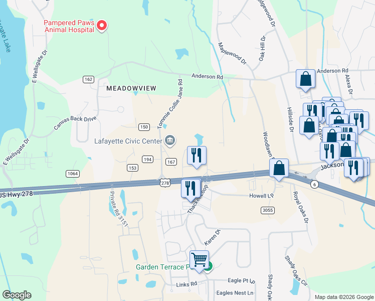map of restaurants, bars, coffee shops, grocery stores, and more near Thacker Heights Drive in Oxford