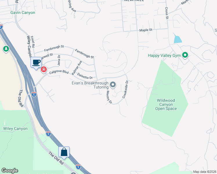 map of restaurants, bars, coffee shops, grocery stores, and more near 24226 Mentry Drive in Santa Clarita