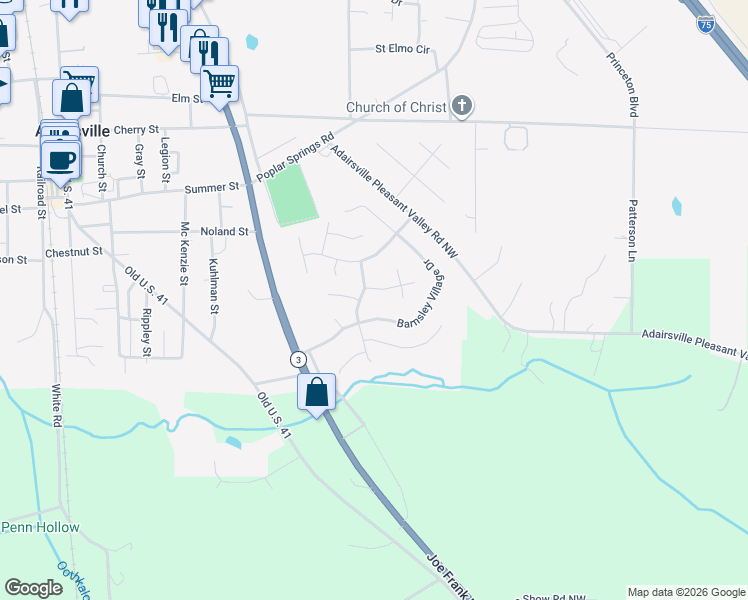 map of restaurants, bars, coffee shops, grocery stores, and more near 12 Redwood Drive in Adairsville