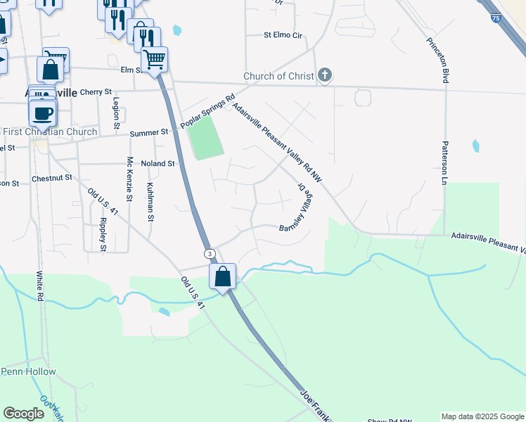 map of restaurants, bars, coffee shops, grocery stores, and more near 12 Redwood Dr in Adairsville