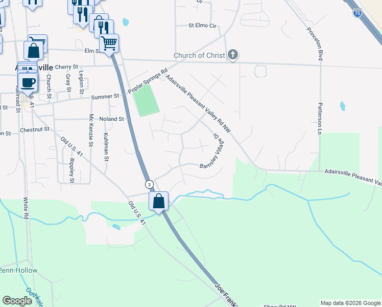 map of restaurants, bars, coffee shops, grocery stores, and more near 14 Redwood Drive in Adairsville