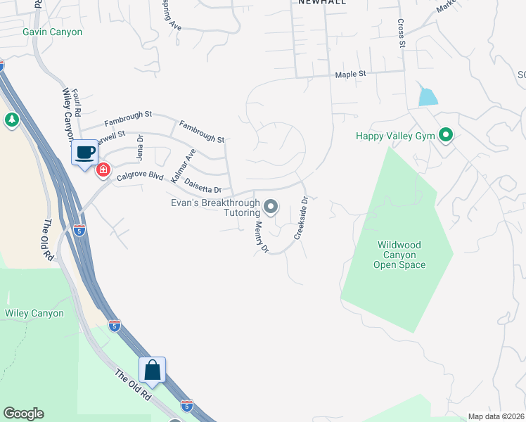 map of restaurants, bars, coffee shops, grocery stores, and more near 24226 Mentry Drive in Santa Clarita