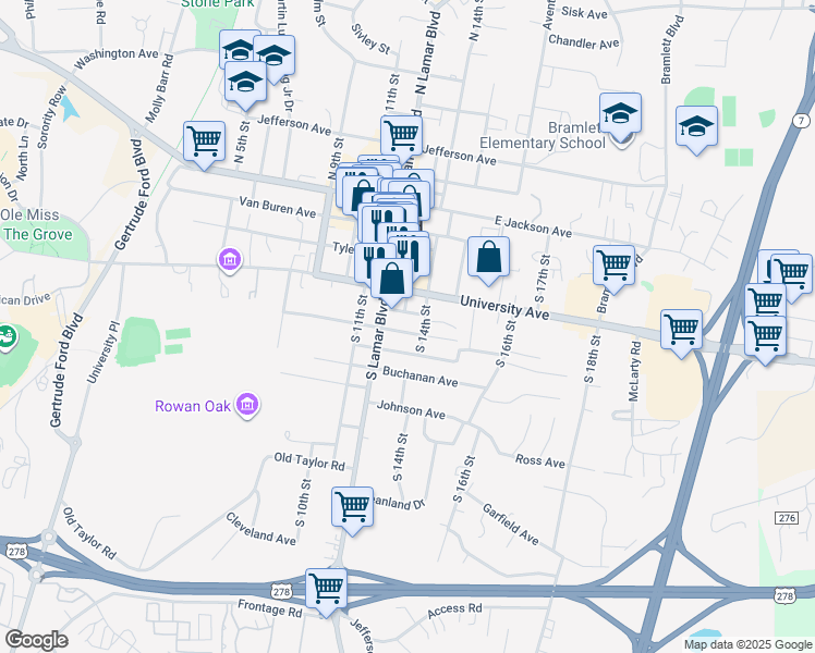 map of restaurants, bars, coffee shops, grocery stores, and more near 517 South Lamar Boulevard in Oxford